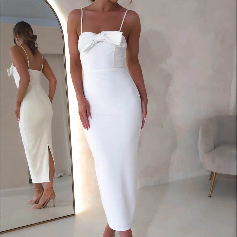 White midi/maxi dress with bowtie detail & spaghetti straps. Perfect for brides